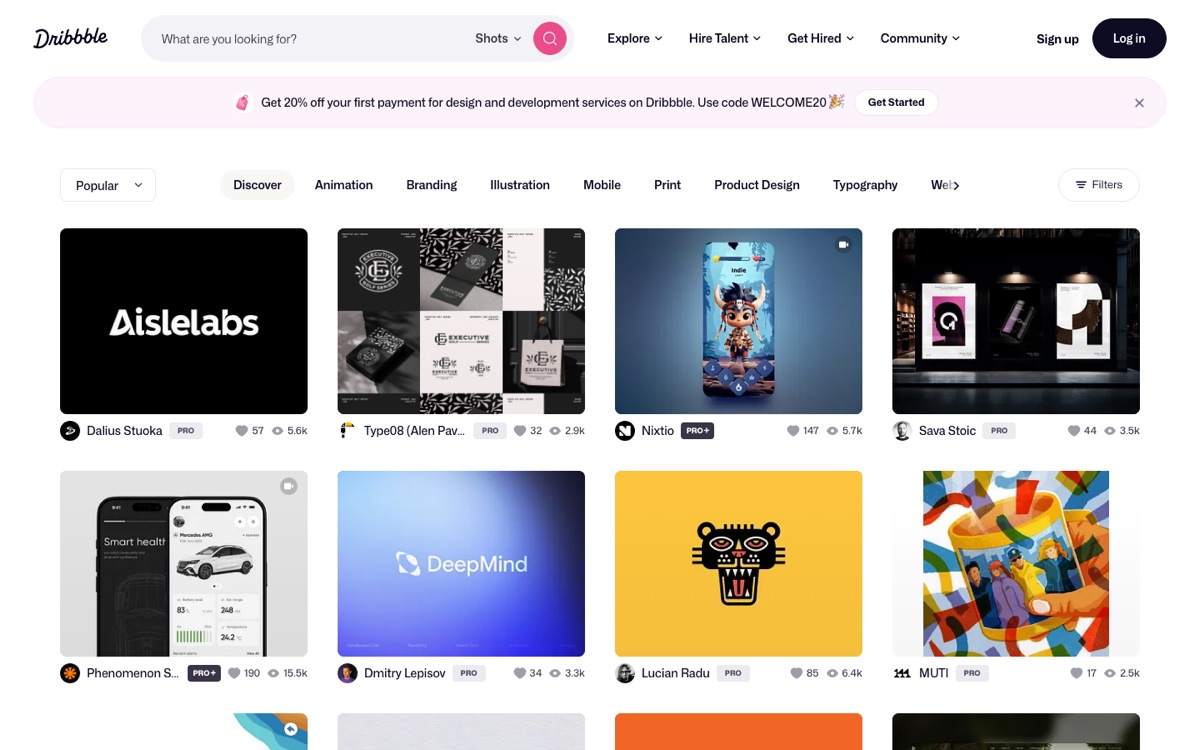 Dribbble popular shots — grid of trending design work