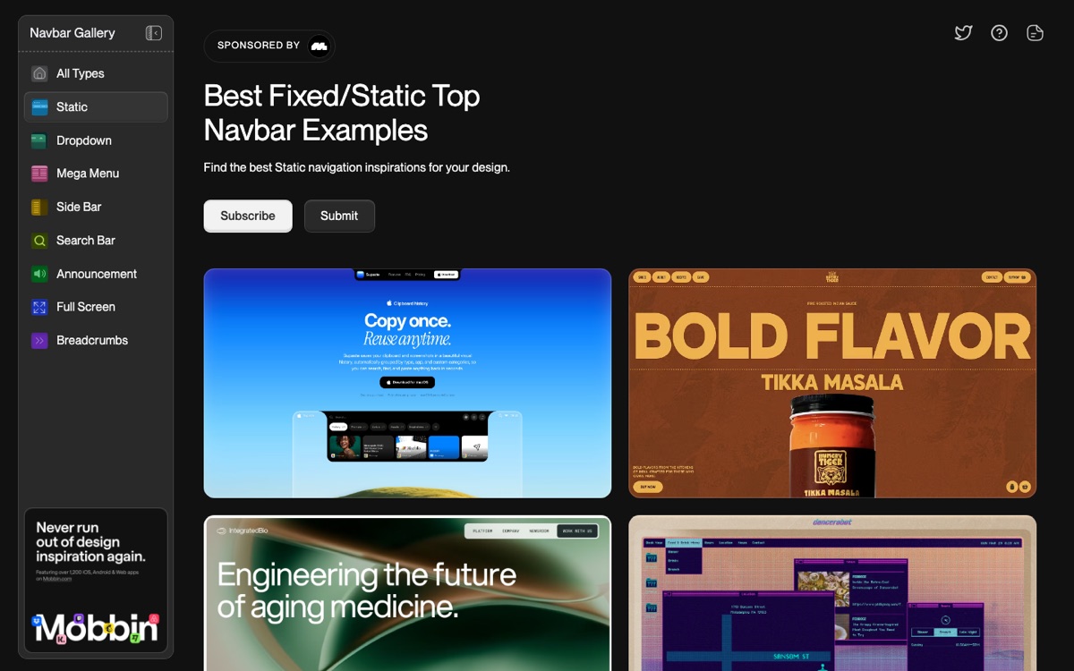 Navbar Gallery — screenshots of navigation bars from real sites